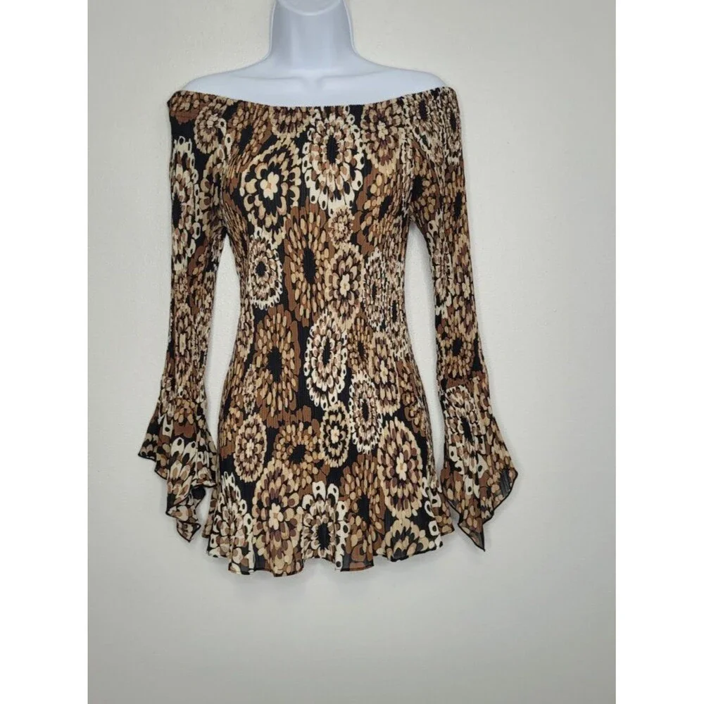 Black brown flower print stretch witchy grunge off the shoulder boho top small